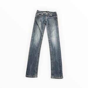 Karma Blue Jeans Womens 1 Blue Slim Straight Low Rise Contrast Stitch Y2K Denim